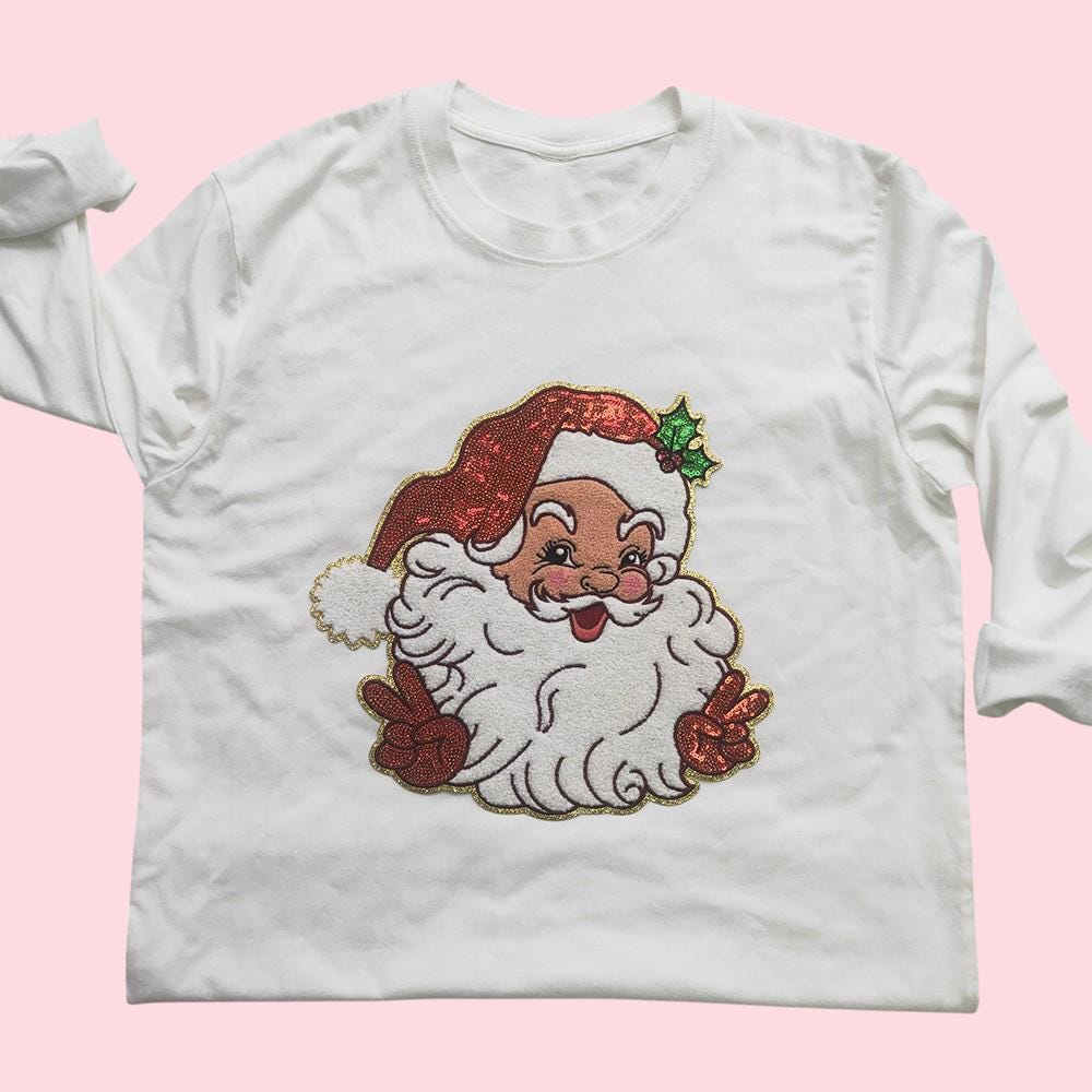 Santa Peace Sign Sequin Iron On Patch